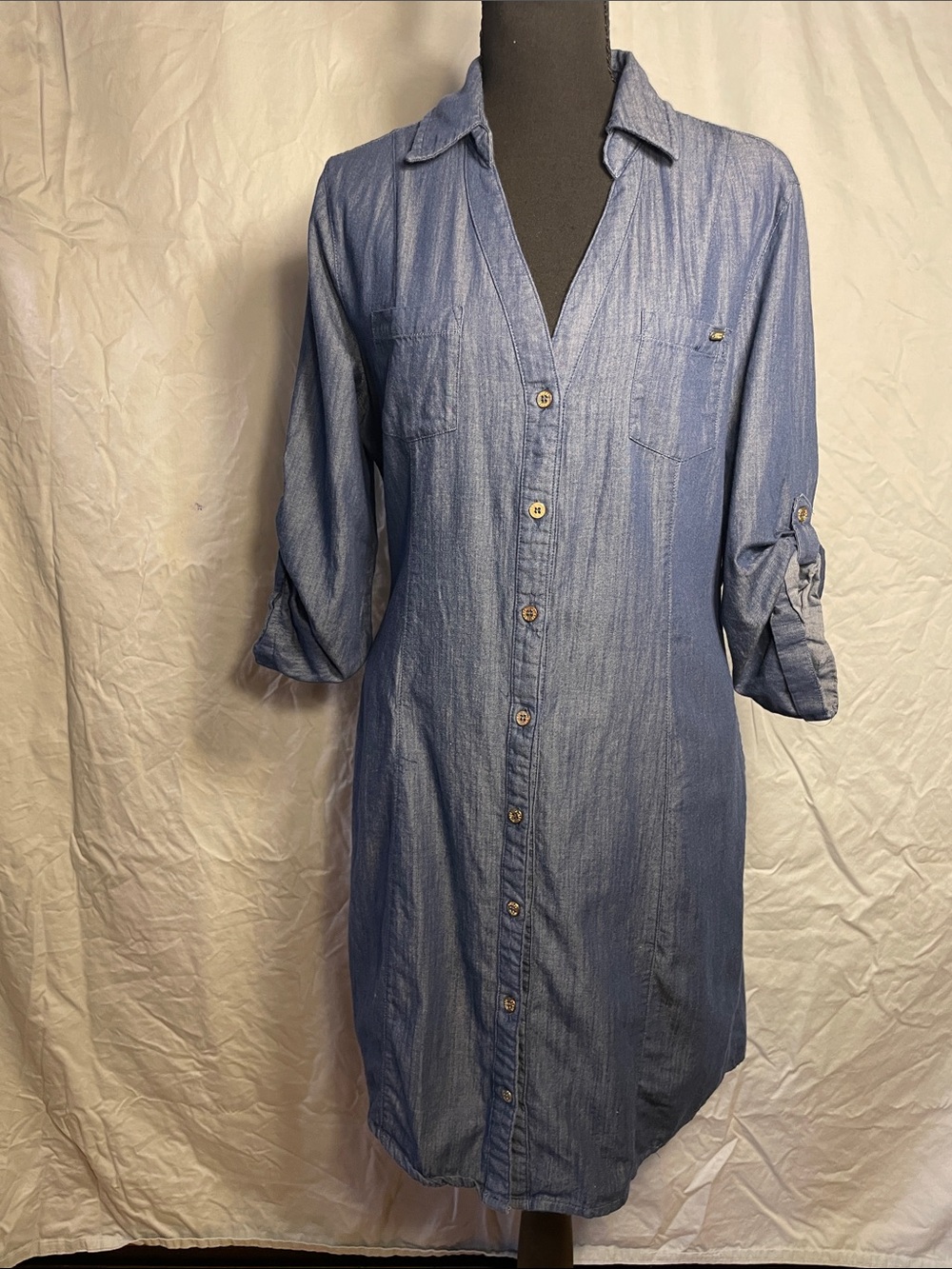 Guess Blue Denim-Style Button-Front Long Sleeve Shirt Dress